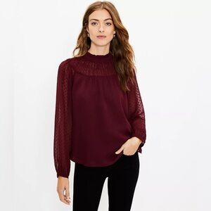 LOFT - Burgundy Clip Dot Shirred Ruffle Neck Blouse